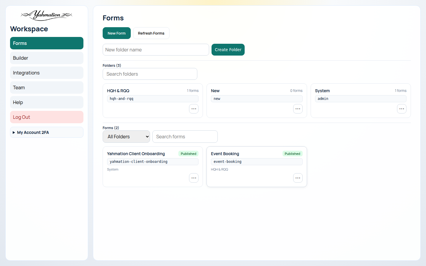 Form Builder dashboard showing forms and folders