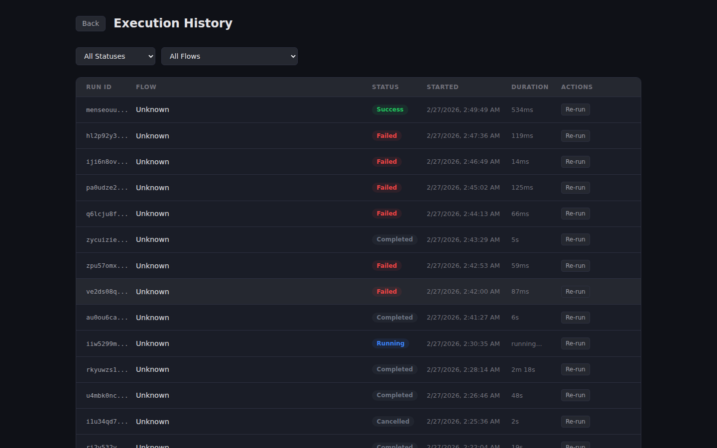 Execution history showing run statuses, durations, and timestamps