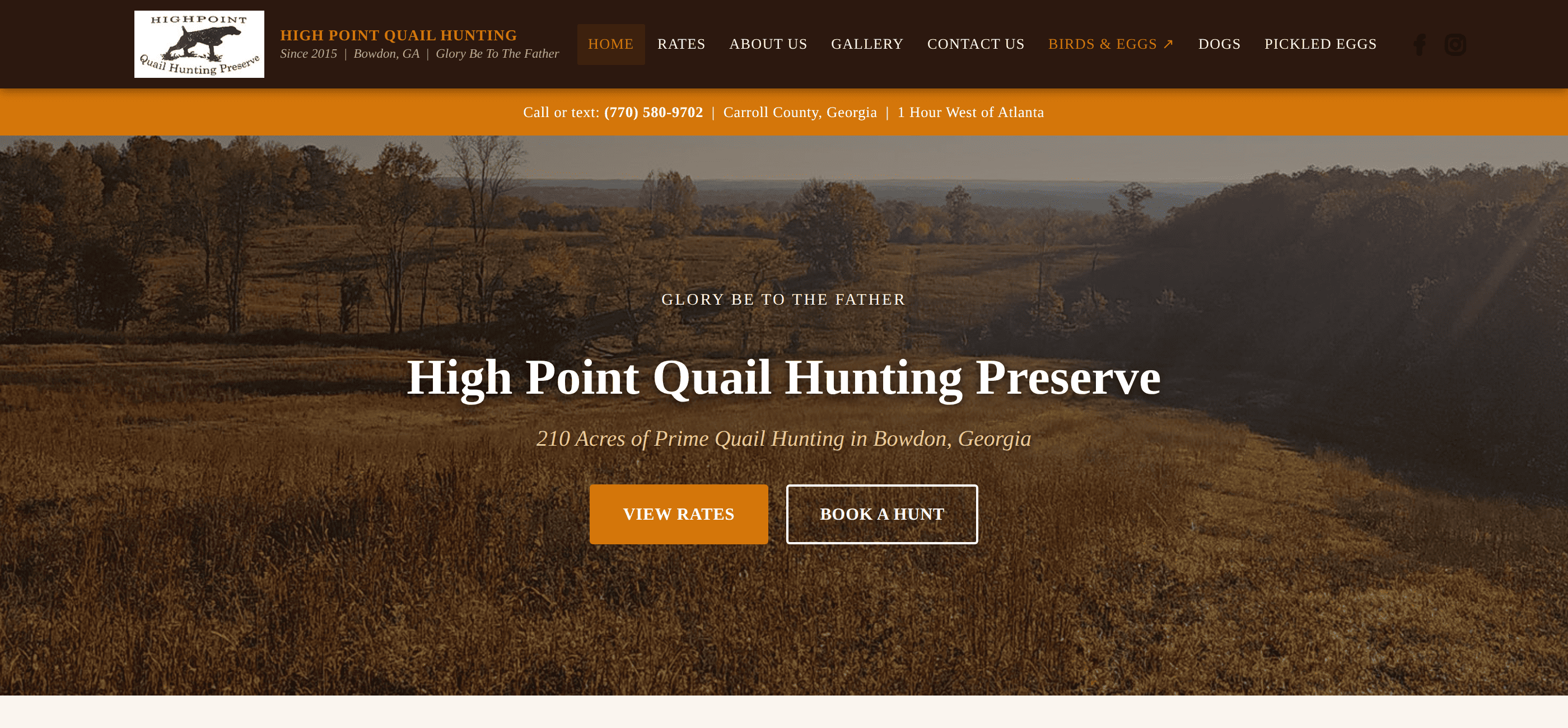 High Point Quail Hunting Preserve — professional website with warm earth tones, hero image of 210-acre Georgia hunting grounds